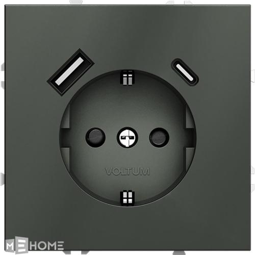Фото Розетка с заземлением и защитными шторками, с USB, A+С VOLTUM S70, титан, VLS040506