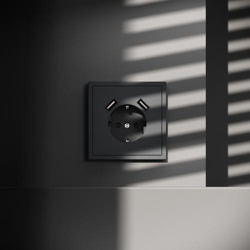 Фото Розетка с заземлением и защитными шторками, с USB, A+A VOLTUM S70, графит, VLS040407