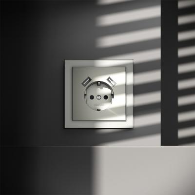 Фото Розетка с заземлением и защитными шторками, с USB, A+A VOLTUM S70, сталь, VLS040405