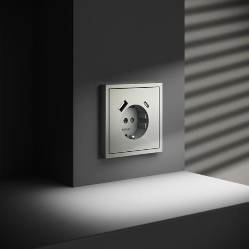 Фото Розетка с заземлением и защитными шторками, с USB, A+С VOLTUM S70, сталь, VLS040505