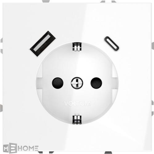 Фото Розетка с заземлением и защитными шторками, с USB, A+С VOLTUM S70, белый глянцевый, VLS040501