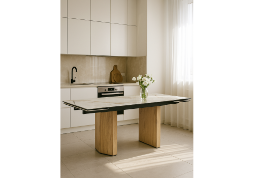 Фото Керамический стол Woodville Монерон 180(240) calacatta gold / дуб монтана