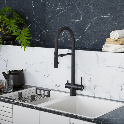 Фото Смеситель для кухни с гибким изливом и подключением к фильтру DQ DA1462505Black, черный