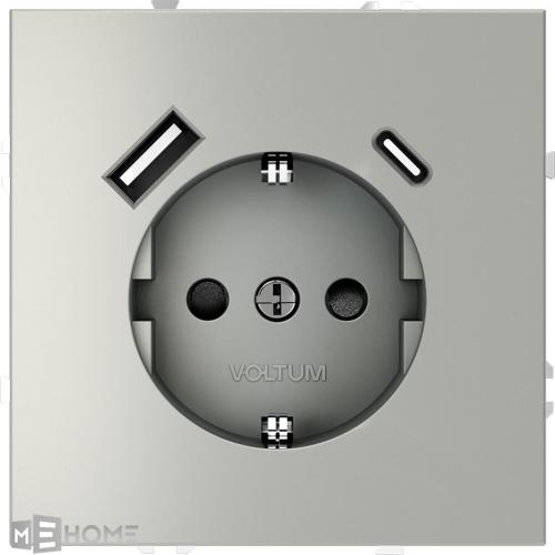 Фото Розетка с заземлением и защитными шторками, с USB, A+С VOLTUM S70, сталь, VLS040505