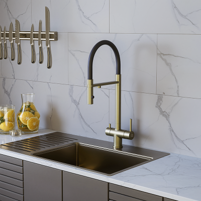 Фото Смеситель для кухни с гибким изливом и подключением к фильтру DQ DA1462507Gold, матовое золото