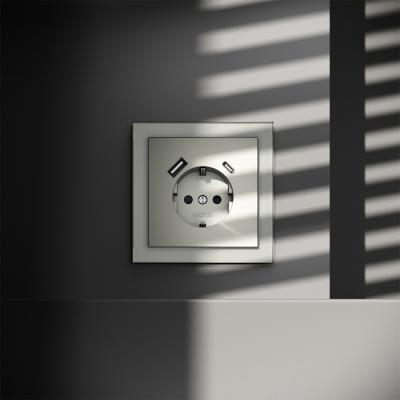 Фото Розетка с заземлением и защитными шторками, с USB, A+С VOLTUM S70, сталь, VLS040505